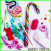 identical candy-themed images featuring lollipops, gummy bears, and sprinkles with 'SWEET TOOTH' text at the bottom