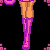 Pixel art contact sheet showing multiple frames of an animated fashion doll icon with pink and purple color scheme, featuring a blonde character in various poses and text elements.