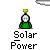 Green cartoon character with white face and yellow antenna, wearing green shirt, positioned above "Solar Power" text on gray background.