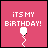 Pixelated birthday icon with pink background and white balloon text across three animated frames in a 2x2 contact sheet layout.