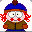 Pixelated character with red hair, blue hat, brown jacket, and orange gloves in a of expressions