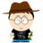 Pixelated character wearing brown fedora, black sleeveless shirt, blue pants, and holding green object with white accents.