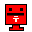 Two side-by-side pixel art frames of a red robot icon with black and white details, showing mouth animation changes on a gray background.
