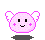 Four pixelated pink circular icons with white wing-like ears, black square eyes, and a smiling mouth on gray background.