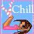Animated contact sheet showing 11 sequential frames of a pixel-art character performing a leg-lifting pose against a blue background with repeated "Chill" text.
