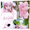 Animated avatar shows a person with pink hair and white feather headband, wearing white shirt with 'avril' text and heart symbol, holding green skull-and-crossbones leaf.