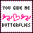 Static pixel art icon with pink dotted border, black text reading "YOU GIVE ME BUTTERFLIES", and a central pink heart symbol surrounded by four small butterfly shapes on white background.