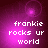 Pixelated text 'frankie rocks ur world' on a purple gradient background with shifting light effects.