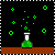 Pixelated animation of a green potion bottle on a brown shelf against black background with floating green particles.