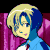 Pixelated anime-style character with blonde and blue hair, wearing a pink jacket over a light blue shirt against dark green background.