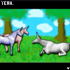 Animated sequence of unicorns in a grassy field with trees and clouds, showing movement and interaction between two unicorns.