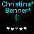 Pixelated cyan text 'Christina* Benner*' above a colon and five white/pink plus signs with one gray plus sign on black background.