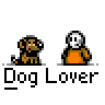Animated contact sheet of a pixel art dog and human character with speech bubbles across 17 frames showing sequential dialogue and motion changes.