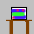 A 4x3 contact sheet of 11 animated frames showing a computer monitor on a brown desk with shifting colorful abstract shapes in pink, green, and blue.