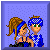 Pixelated image of two figures in blue attire with a woman holding a man, next to text reading 'NEVER LEME GO' on a light purple background.
