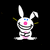 Pixelated white rabbit with long ears, pink nose and mouth, blue eyes, black stripes on body, yellow sparkles around head, standing against solid black background.