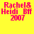 Four identical pixelated text images on yellow background with pink accents, each showing "Rachel&Heidi Bff 2007" in red block letters.