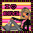Pixel art contact sheet showing two animated frames of a cartoon girl with blonde hair wearing black jacket and gray pants, standing against pink-yellow striped background with "I ❤️ BOYS" text.
