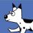 Pixelated static icon of a white dog with black patches on blue background, likely mascot or cartoon character.