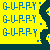 Yellow background with blue pixelated text "GUPPY" repeated three times vertically, dark teal border on right side, scattered small blue squares.