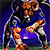 Pixelated static image of a football player in blue uniform holding a purple ball, with visible motion blur and dithering effects on the background.