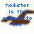 Blue pixelated text 'hollister is the reason to live' over a brown blurred shape on white background, with repeated 'hollister' variants in other frames.