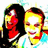 Two pixelated figures with exaggerated facial features, one in red and black, the other in yellow and red, against a white background with cyan and green pixel noise.