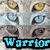 Pixelated cat face with blue eyes and yellow pupils above text reading 'Warrior Rule!' in blue and purple, with a gray cat below on light blue background.