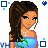 Pixel art contact sheet of a female character in various poses and outfits with text elements, featuring blue, green, yellow, brown, white, and orange colors on transparent background.