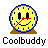 Pixel art icon of a yellow clock face with black eyes, red nose, and smile on blue border atop brown stand with "Coolbuddy" text below.
