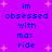 Pixelated text on a purple background with pink starbursts, displaying 'im obsessed with max ride' in blue letters.