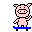 Pixelated pink pig character on blue platform with multiple poses showing arm and head movements.
