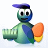 Animated cartoon character icon with three visible frames showing hand gesture changes against a white background.