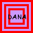 Four square display the word DANA in black pixelated text over layered red and purple squares, with varying square arrangements