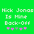 Green background with white pixelated text reading "Nick Jonas Is Mine Back-Off" and pink-and-gray star symbols below.