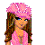 Pixel art contact sheet showing three frames of a female character in pink and blue attire with text overlay on pink background.