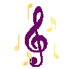 Purple treble clef surrounded by yellow and gold musical notes on gray background.