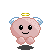 Pixelated pink character with blue-and-white wings, golden halo, and black eyes in four variations showing pose, expression, and red particle effects.