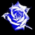 Pixelated blue and white rose with layered petals on black background, rendered in low-resolution digital style.