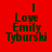 Red background with green text reading "I Love Emily Tyburski" in pixelated font, white horizontal bars shift position