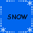Blue background with white snowflake and dotted line border, four instances of the word 'SNOW' in black pixelated text arranged in a