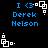 Pixelated blue text and white geometric shapes on black background, with animated position changes of the white shapes.