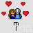 Pixel art of two figures with hearts and a pitchfork, showing animation changes in heart positions and background elements.