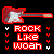 Pixelated red electric guitar with white body and brown neck above 'ROCK LIKE WOAH' text in red block letters on black background, surrounded by small heart symbols.