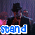 A person in a black hat and dark jacket stands against a purple background with pink accents, with blue text reading 'stand by your man baby' overlaid.