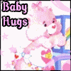 Pink Care Bear with heart emblem on chest, holding a white cloud-shaped object with pink hearts and yellow stars against a background of blue railings and pink stars.