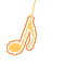 Nine yellow musical eighth notes with orange outlines hang from thin lines against a gray background, arranged in three of three