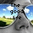 Pixelated landscape with blue sky, white clouds, green and yellow fields, gray rocky terrain, and black text reading "The good life" overlaid.
