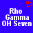 Blue background with white pixelated text reading "Rho Gamma OH Seven" and a red pixelated heart symbol above the text.