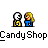 Animated contact sheet of a pixel art candy shop icon showing character interactions and text changes across 18 frames with repeated "Candy Shop" labels.